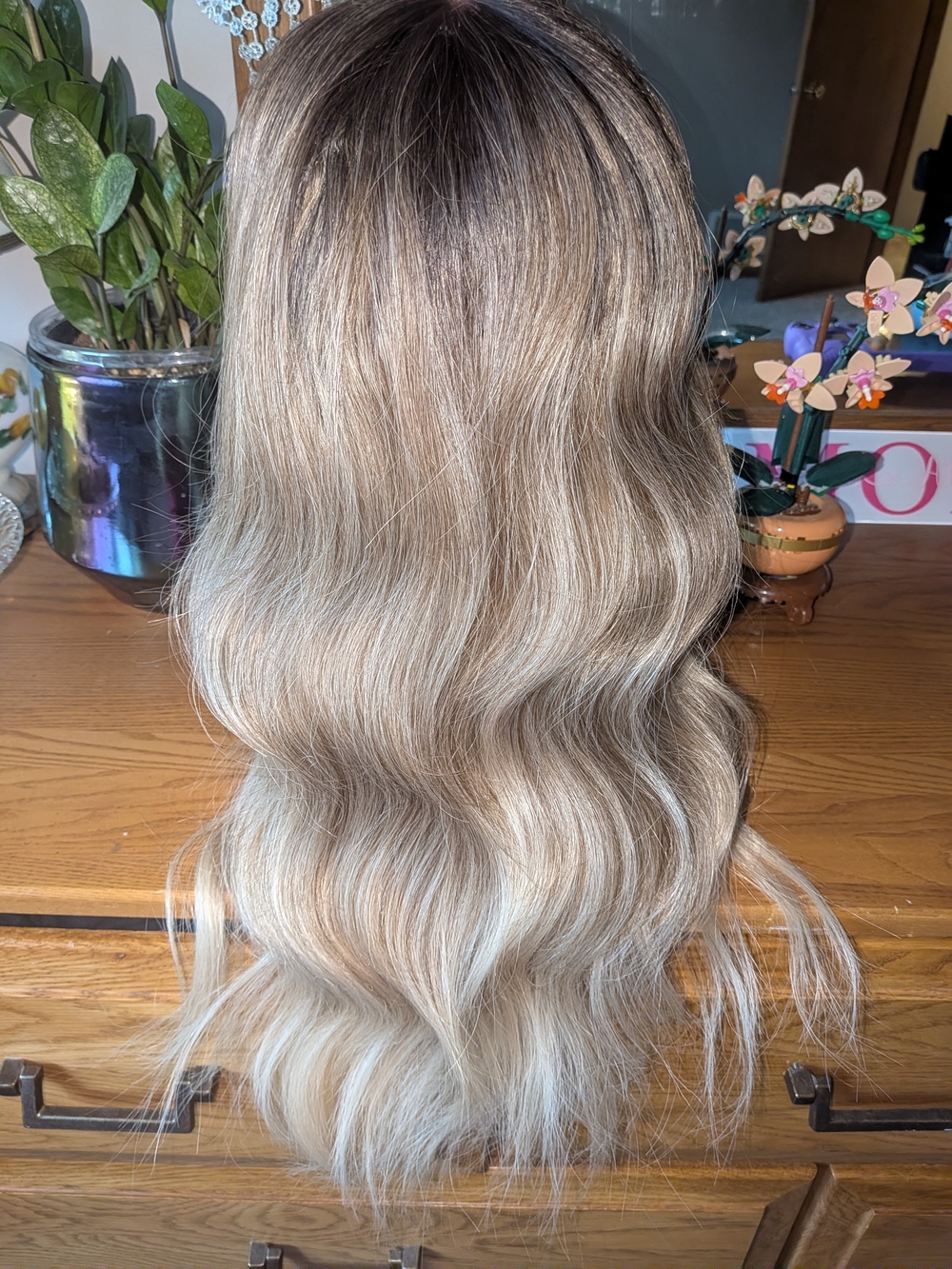 Natural Wavy Blonde Ombre Wig - Dark To Light Ash - Picture 9 of 10